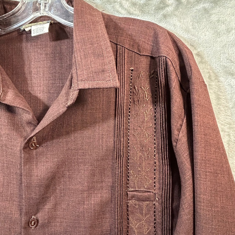 Vintage Yucatan Guayabera Shirt Mens 42 Brown Lino Seda Embroidered Wedding - Picture 5 of 10